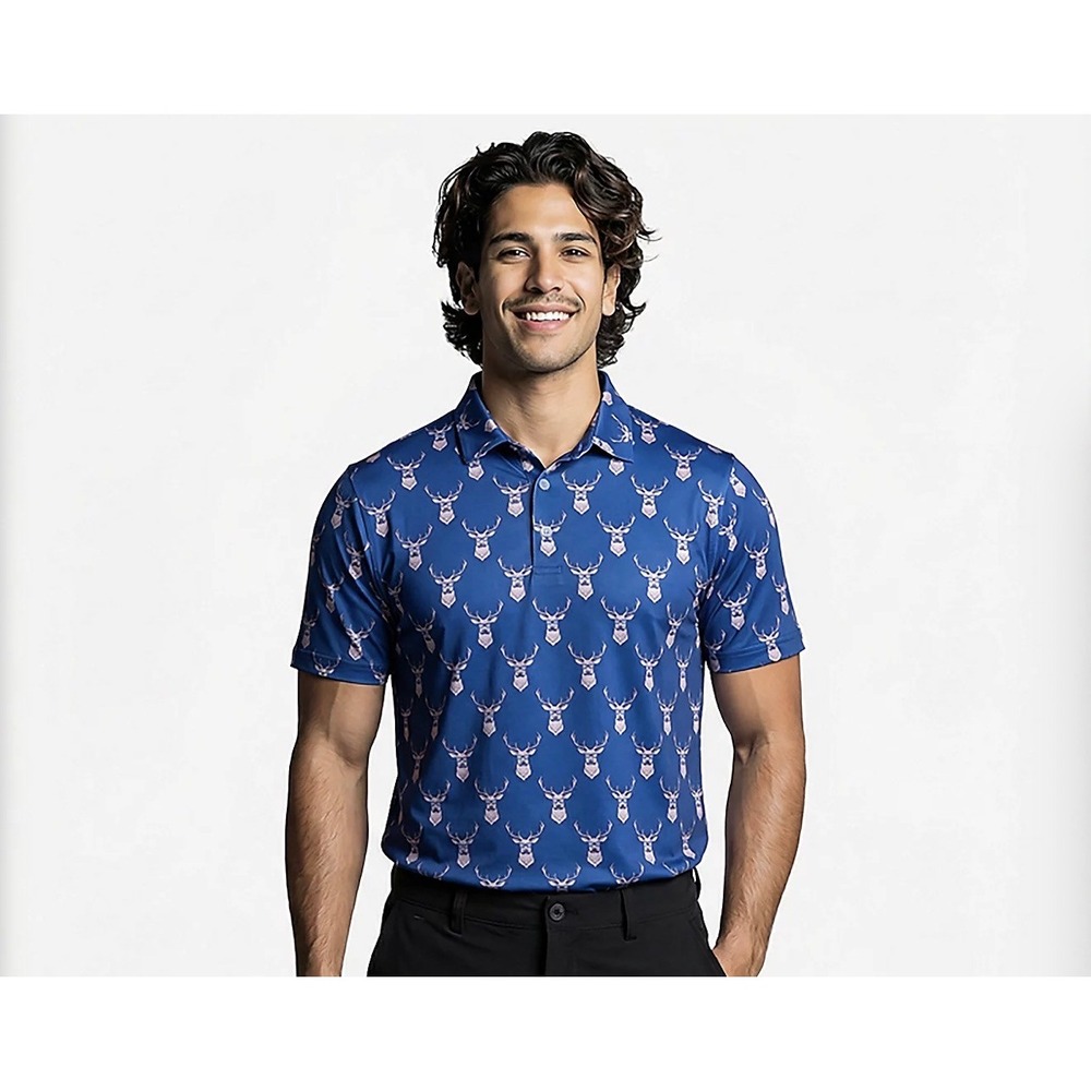Waggle Mens Kentucky Buck Polo Shirt Blue Deer Head Graphic Golf XL KENTMPOLO - Picture 1 of 7